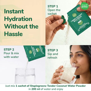 Staplegreens Tender Coconut Water Powder packaging with usage instructions