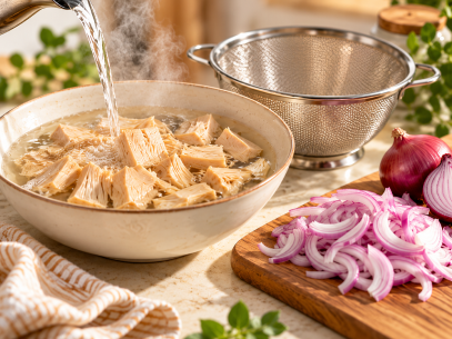 PREP & SOAK Soak jack fruit in hot water for 5–7 mins and drain.  Slice 2 medium onions.