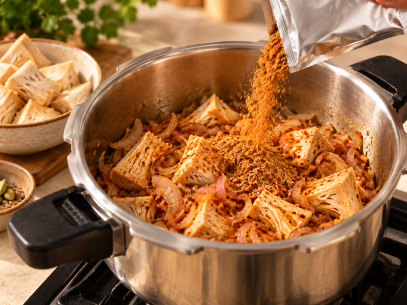 ADD MASALA Add tender jack fruit + full seasoning pack. Sauté until well coated.