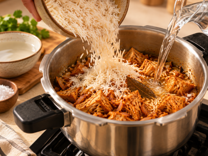 ADD RICE & COOK Add 350 g soaked rice + 2 bowls water and salt to taste.  Pressure cook for 1 whistle on high + 2 on low. Rest, fluff and serve hot.